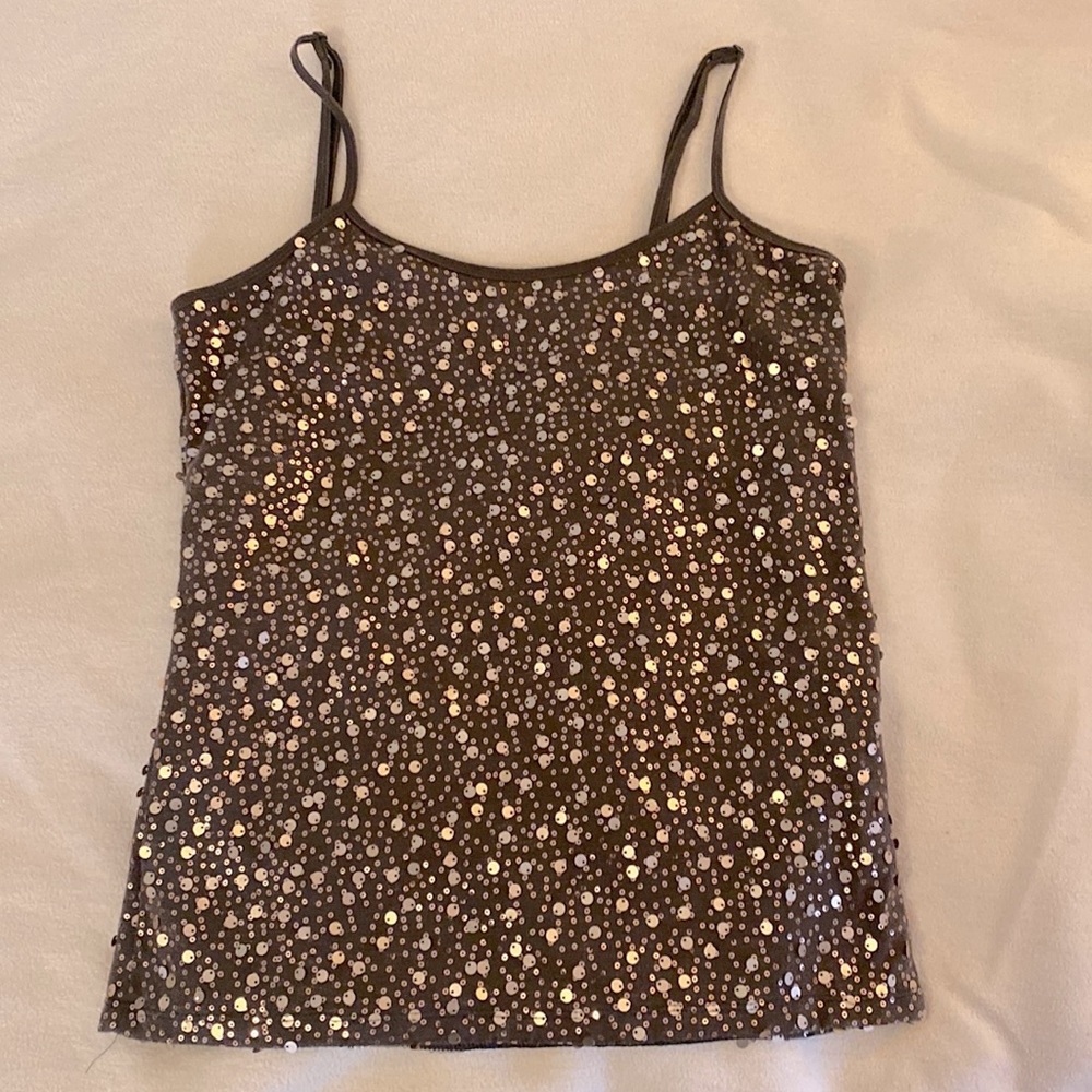 Grey cami with rose gold sequins.